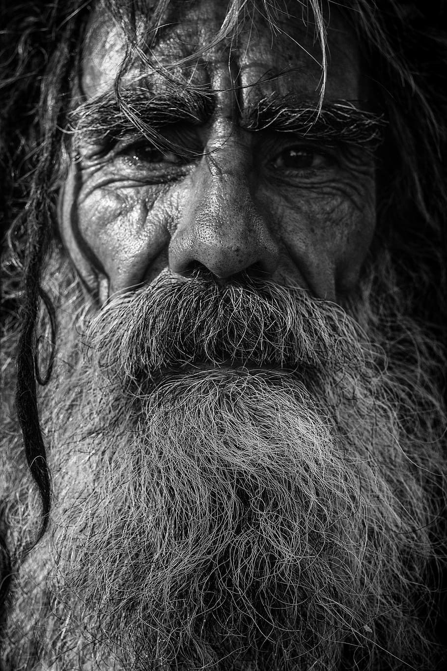 grayscale photo of man wit beard, close-up, dark, elderly, facial hair, HD wallpaper