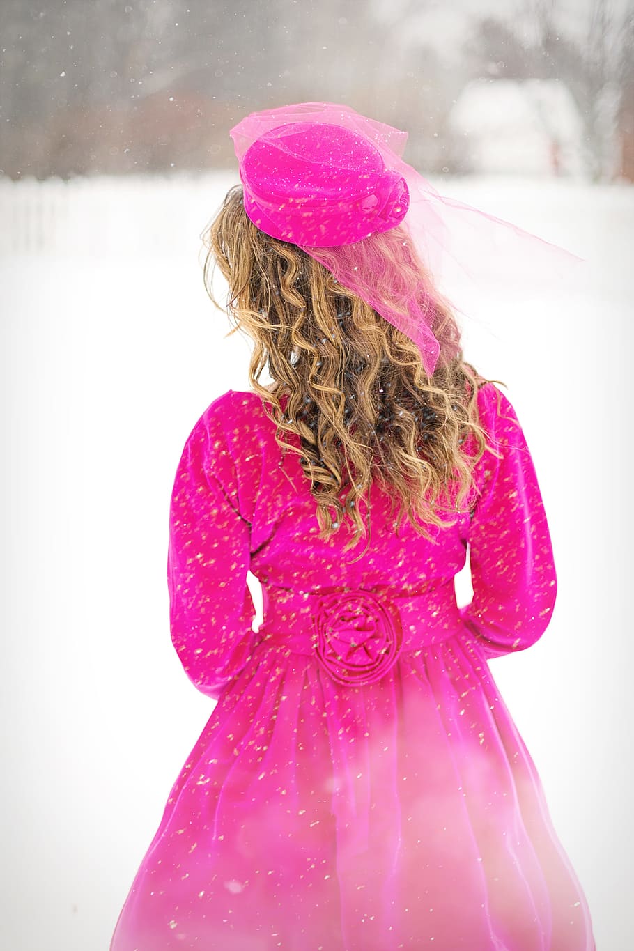 person wearing fuchsia long dress and headdress, winter, woman HD wallpaper