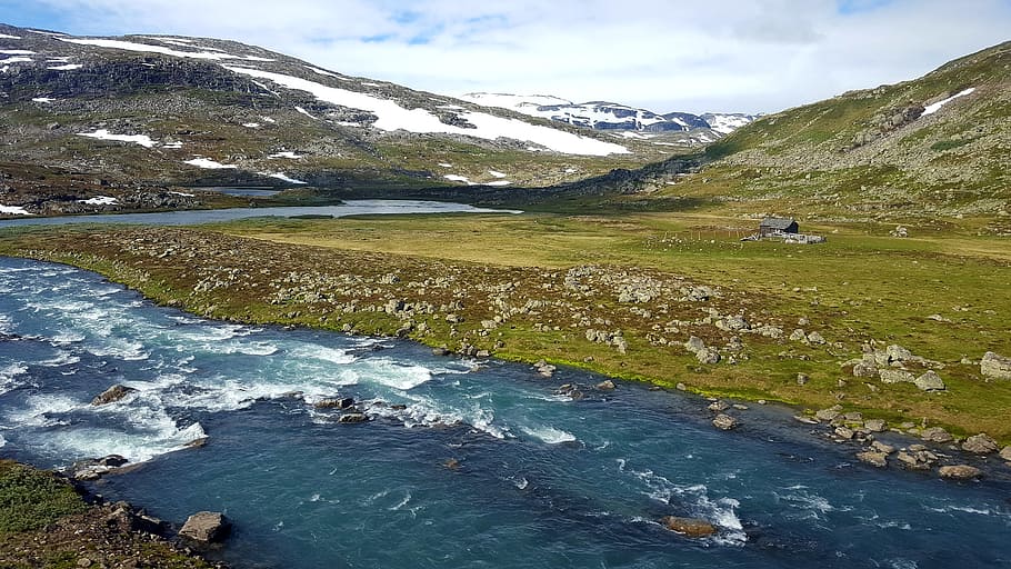 aerial photography of winding river between snowy mountains, river on green hills during day, HD wallpaper