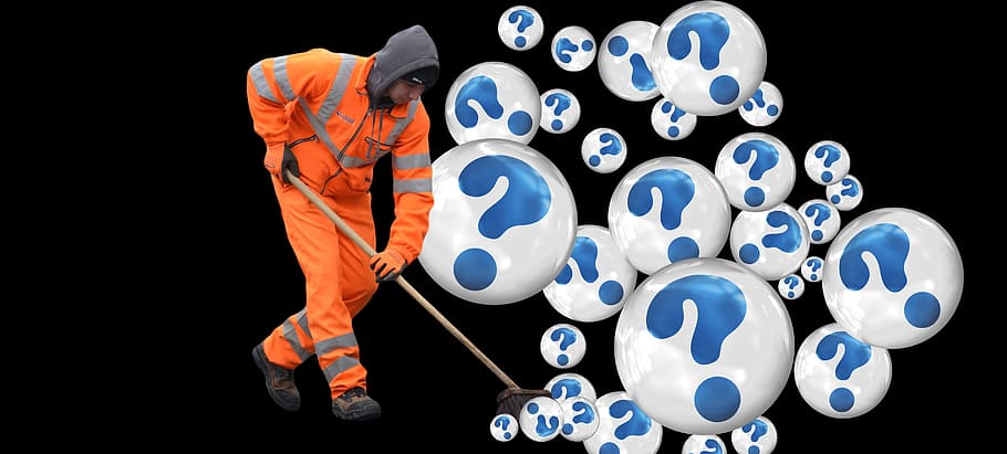 man wearing orange suit mopping question mark bobbles, street sweeper HD wallpaper