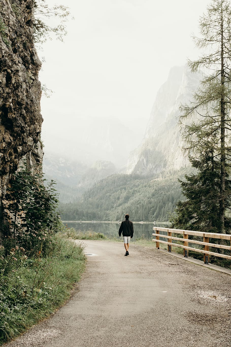 person wearing black jacket walking on road near the tree, man walking on ground between river and rock near mountain range HD wallpaper