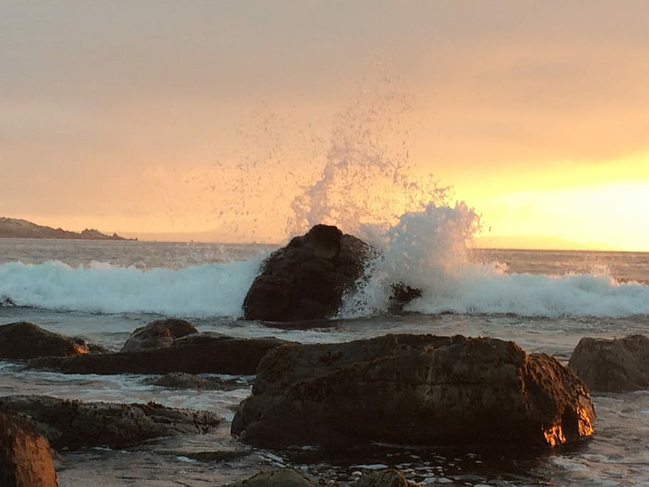 Beach, Splash, Sunset, Rock, Wave, Ocean, sand, coast, resort HD wallpaper