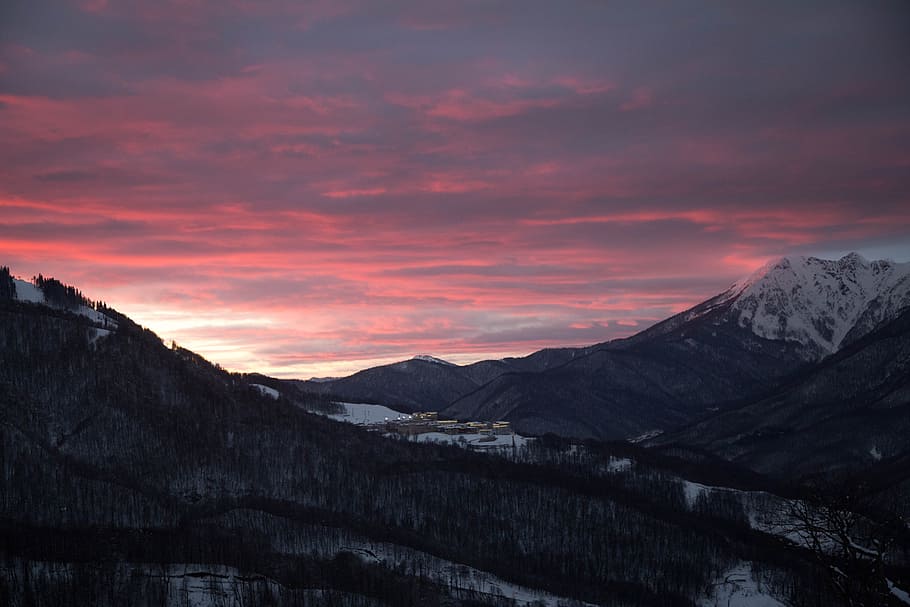 Sochi, Mountain, Sunset, Evening, look, pink clouds, stage HD wallpaper