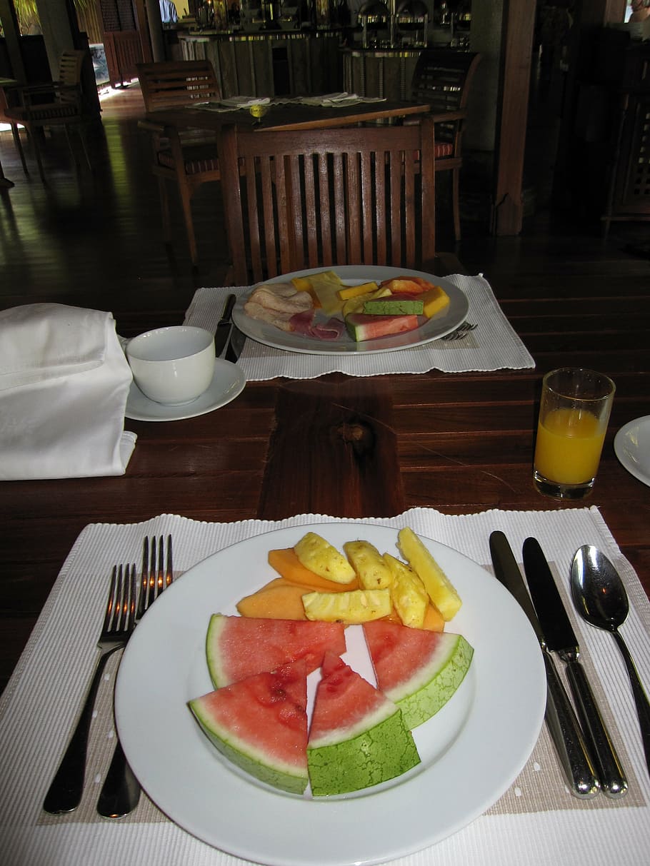 breakfast, fruit, watermelon, healthy, food, plate, meal, table HD wallpaper