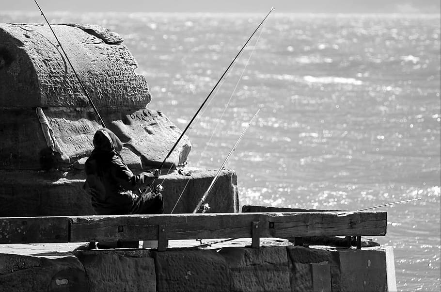 Fisherman, Hobby, Occupation, fishing, sea, black, white, people HD wallpaper