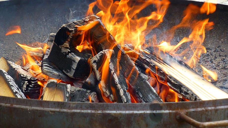 black fire pit with burning firewood, Charcoal, Campfire, Heat HD wallpaper