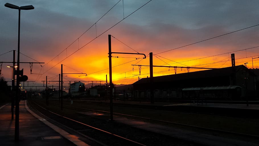 transport, twilight, train, track, sunset, sky, rail transportation HD wallpaper