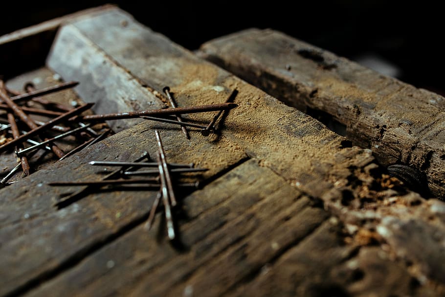 Tools, nails and bolts in a workshop, wooden, metal, nuts, diy, HD wallpaper