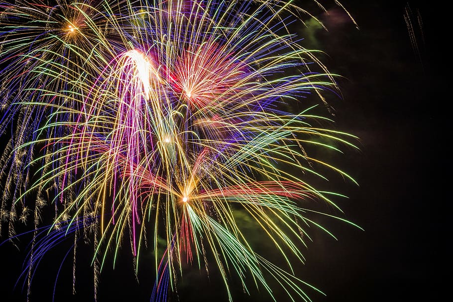 multicolored fireworks at night, green, orange, display, still HD wallpaper