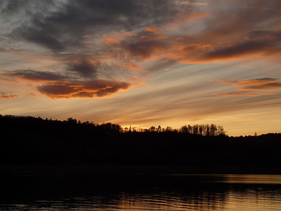 Sunset, Lake, Idyll, Landscape, Sky, clouds, water, mirroring HD wallpaper