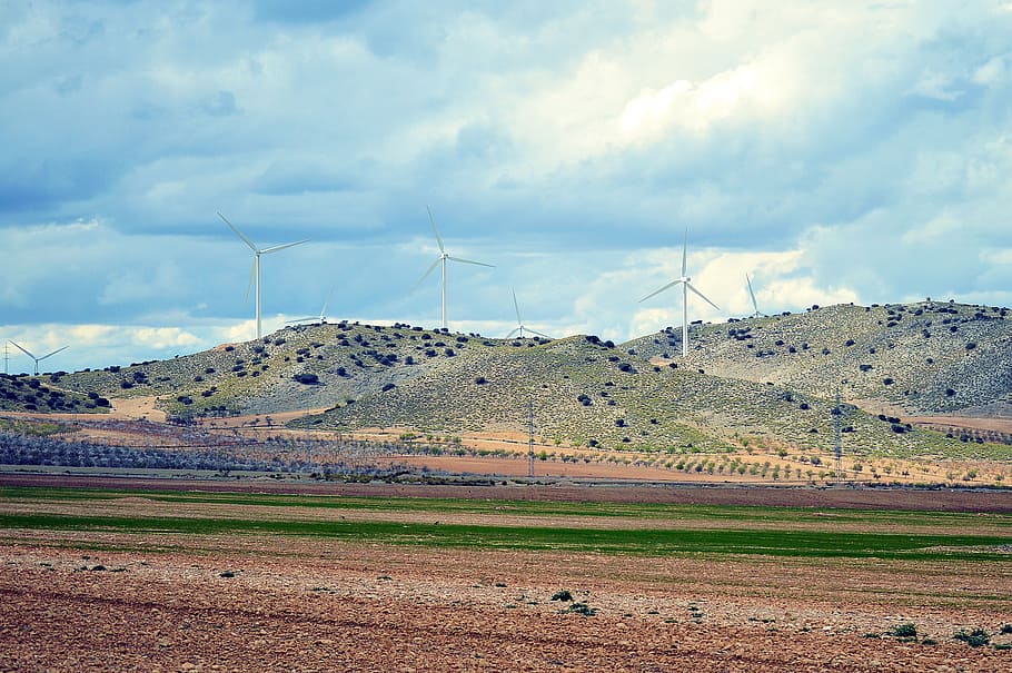 windmills, field, hills, rural, environment, generator, electricity HD wallpaper