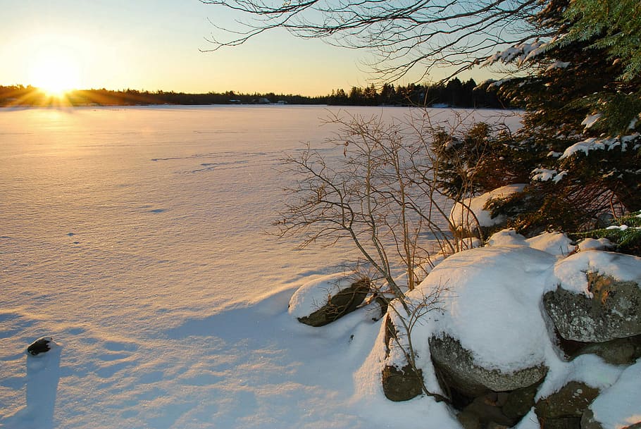 Sunrise on Frozen lake Echo in Halifax, Nova Scotia, canada, photos
