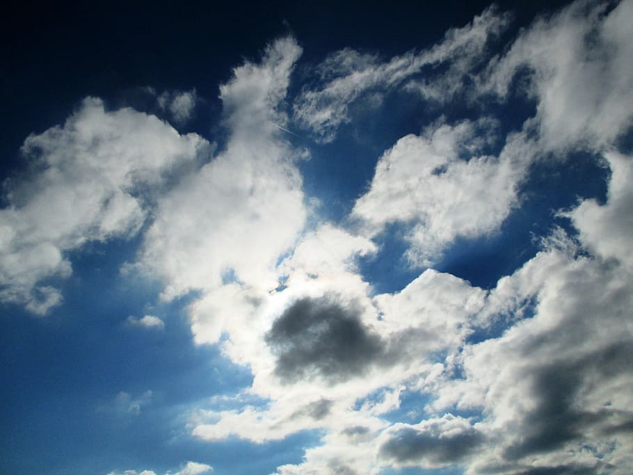 nature, sky, clouds, dark cloud, sun covers, mood, blue, white HD wallpaper