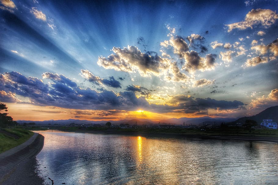 body of water with sunset photography, sparkling, cloud, landscape HD wallpaper