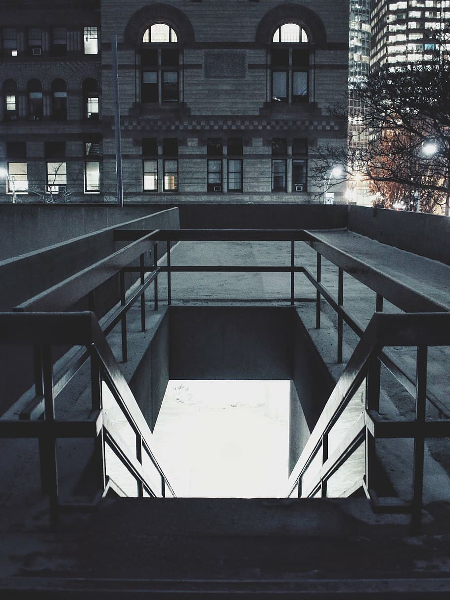 grayscale photography of rooftop stair, architecture, building HD wallpaper