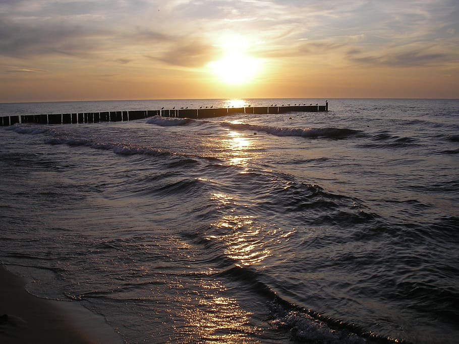sea, the sun, the coast, beach, the waves, sunset, piet, evening, HD wallpaper