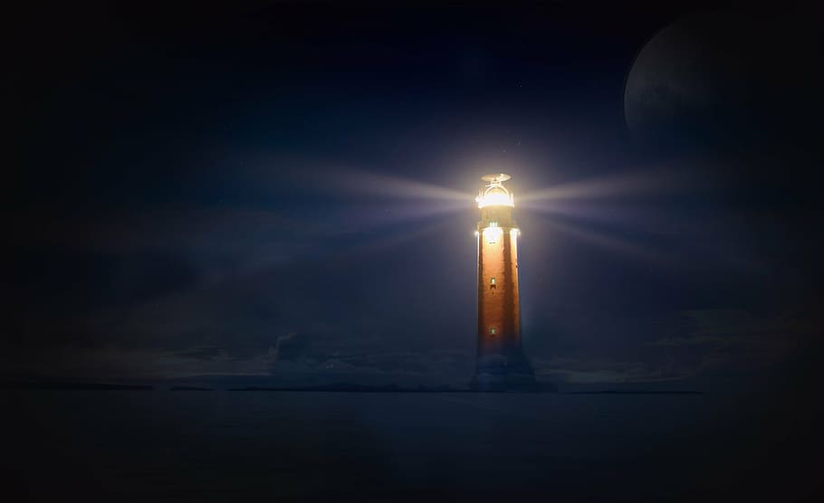 ligted lighthouse tower, glow, night, sea, photo montage, atmospheric, HD wallpaper