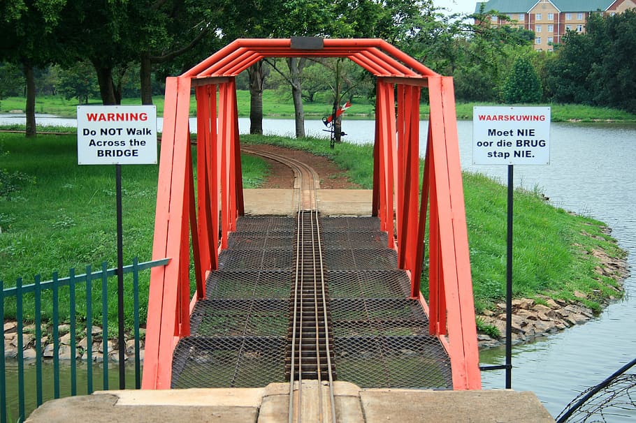 model train bridge, metal, red, gauge, track, narrow, park HD wallpaper
