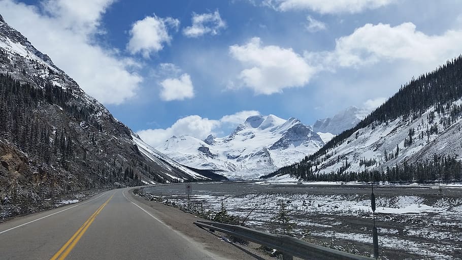 highway, mountains, scenic, landscape, mountain road, icefields HD wallpaper