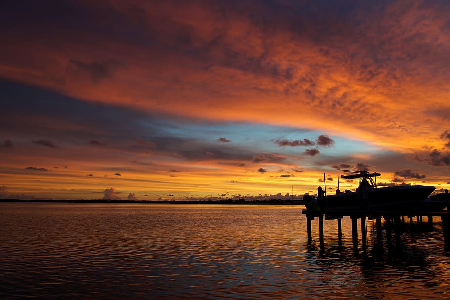 sea, sky, sunset, water, clouds, colorful, colourful, dock, ocean HD wallpaper