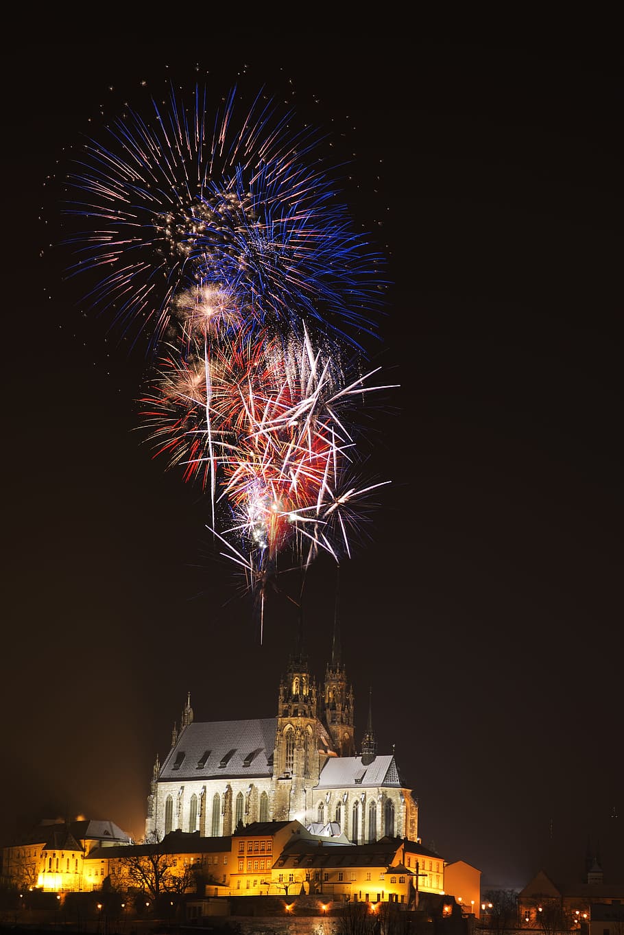 fireworks display, Church, Evening, Night, new year, radiant