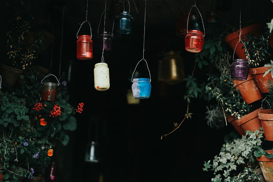 photography of hanging plant pots, assorted-color hanging decors HD wallpaper