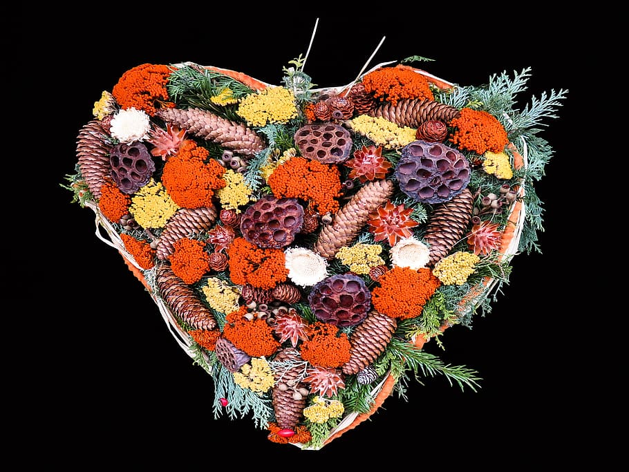 autumn, heart, arrangement, decoration, heart shaped, natural wreath, HD wallpaper