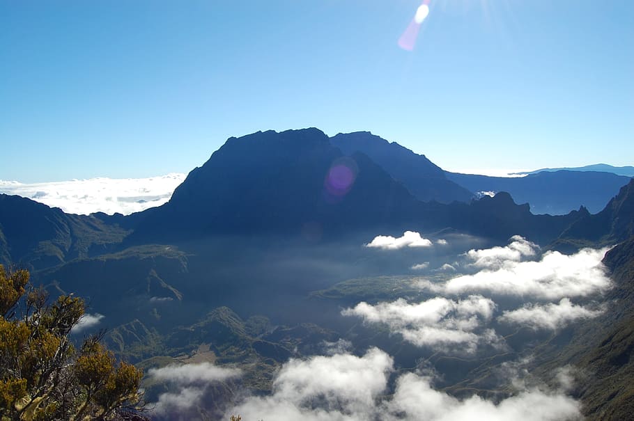 sky, top, view, dom, blue, clouds, overview, réunion, mountain HD wallpaper
