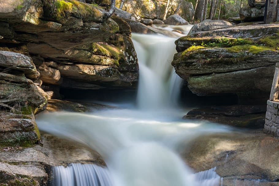 waterfall, stream, river, cascade, rock, rock - object, solid HD wallpaper