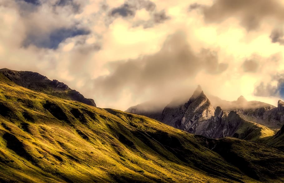 brown mountains and clouds, austria, landscape, sky, sunrise HD wallpaper