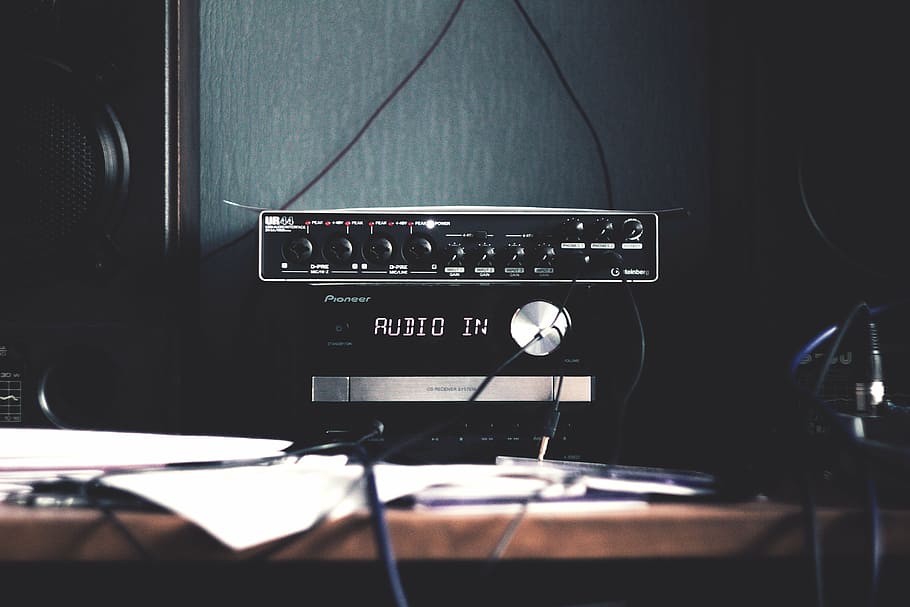 AV receiver on table, speaker, electronics, audio, amplifier