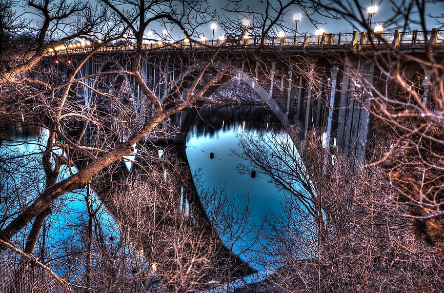 Bridge, Night, Lights, Reflection, River, architecture, structure HD wallpaper
