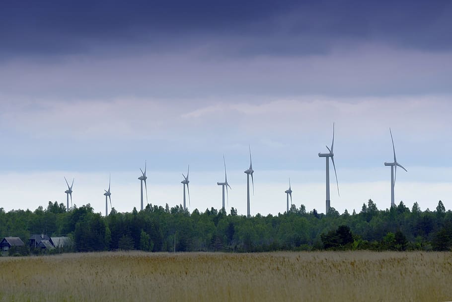 wind power, sky, windmill, countryside, summer, field, clouds HD wallpaper