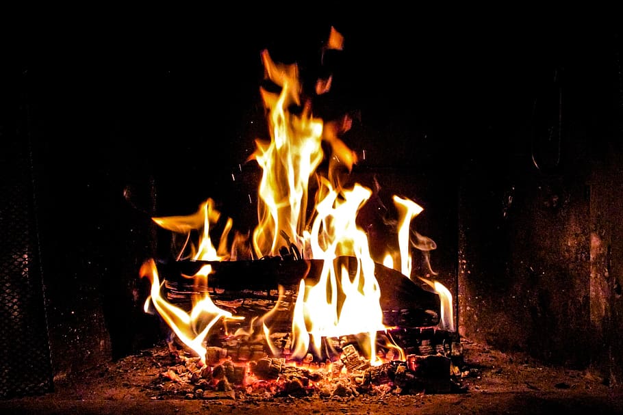 lighted fireplace, flame, burn, hot, embers, wood, wood fire HD wallpaper