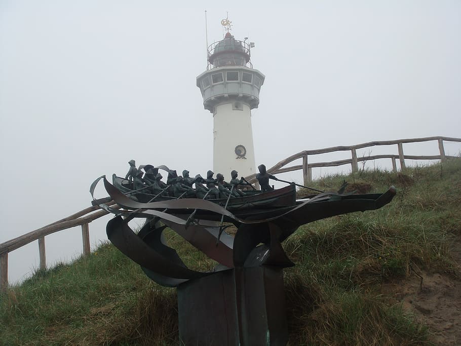 lighthouse, hill, grey, statue, boat, rowers, sky, architecture HD wallpaper