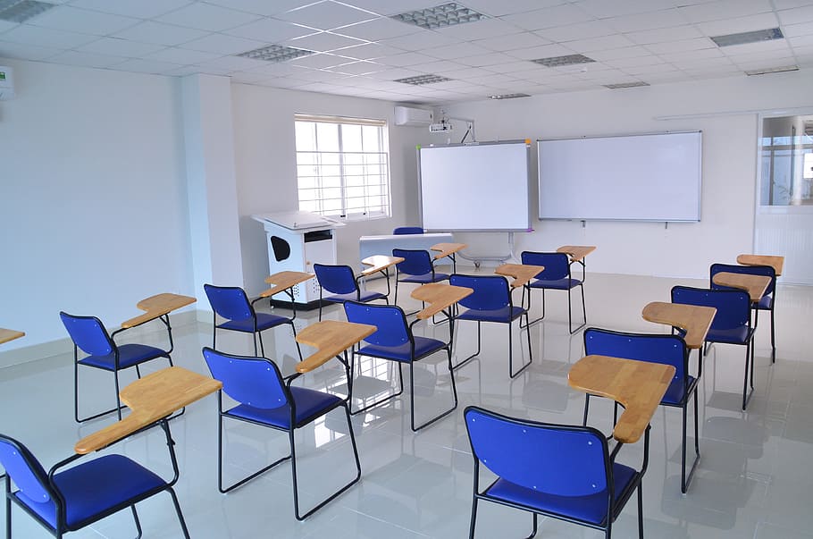 blue and brown writing armchairs inside room, school, peace HD wallpaper
