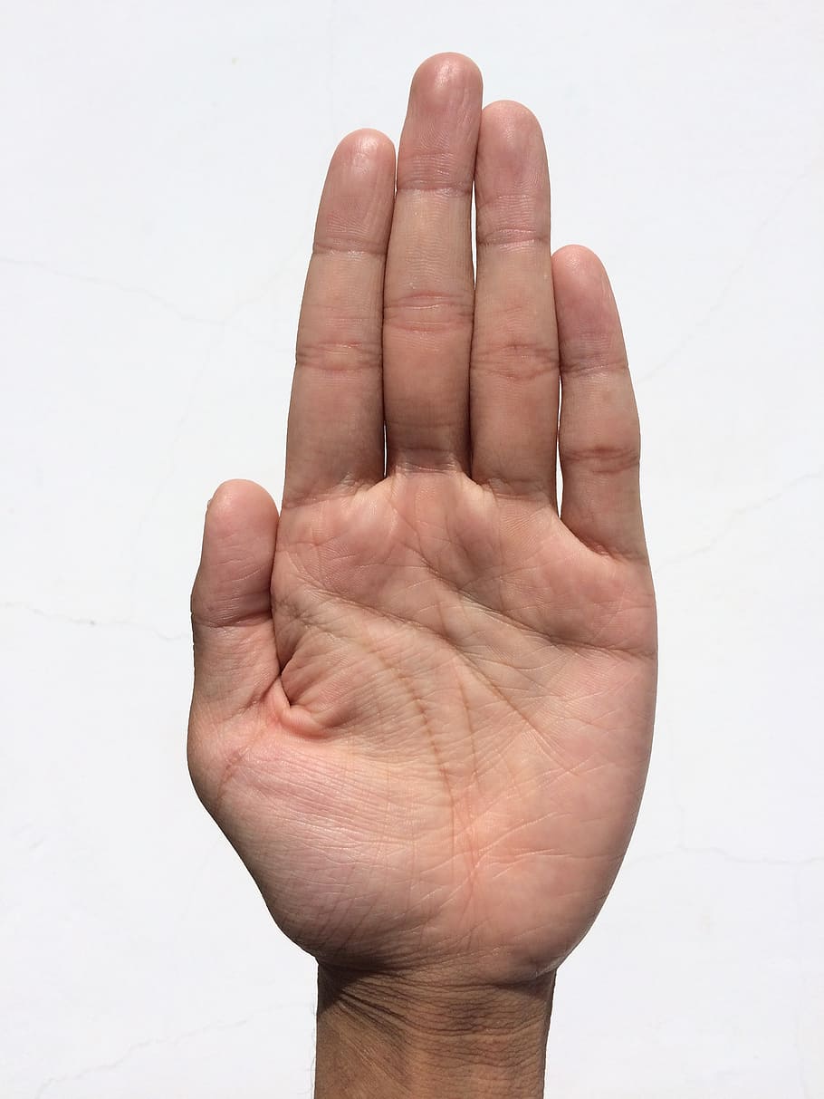 person raising left palm, hand, finger, bleaching, palm reading