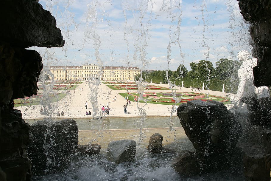 schönbrunn palace, park, waterfall, architecture, built structure, HD wallpaper