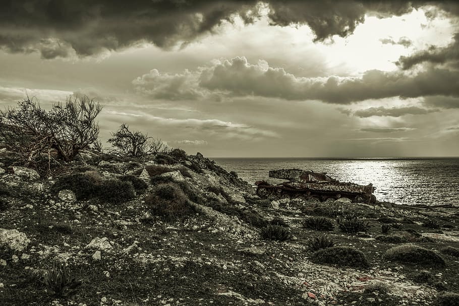 tank, abandoned, rusty, wilderness, landscape, sky, clouds HD wallpaper