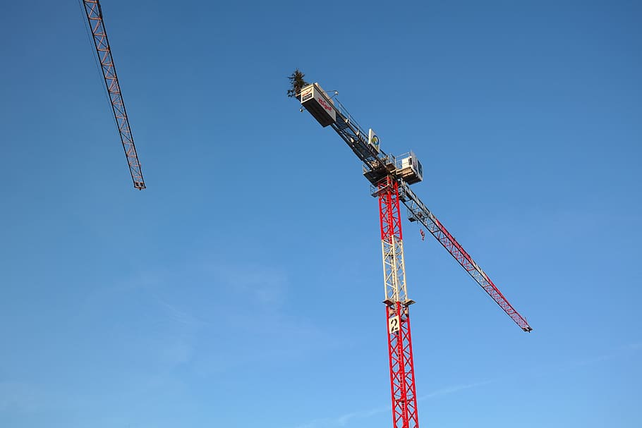 baukran, crane, build, site, sky, construction work, lattice boom crane HD wallpaper