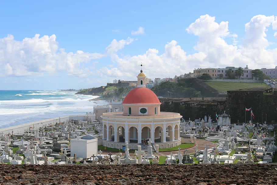white and pink painted mosque near sea, cemetery, san juan, puerto rico, HD wallpaper