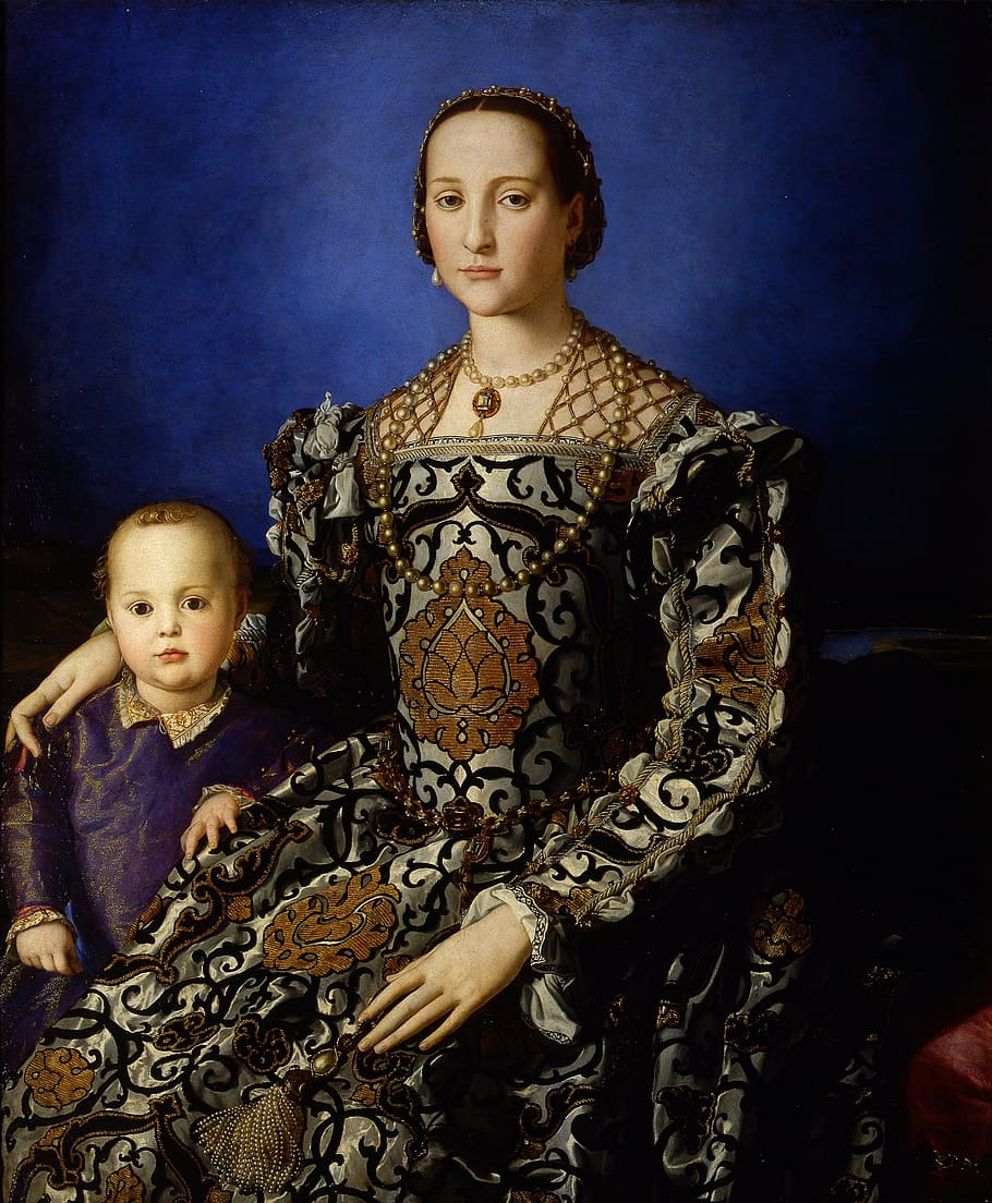painting woman beside a boy wearing dress, eleanor of toledo