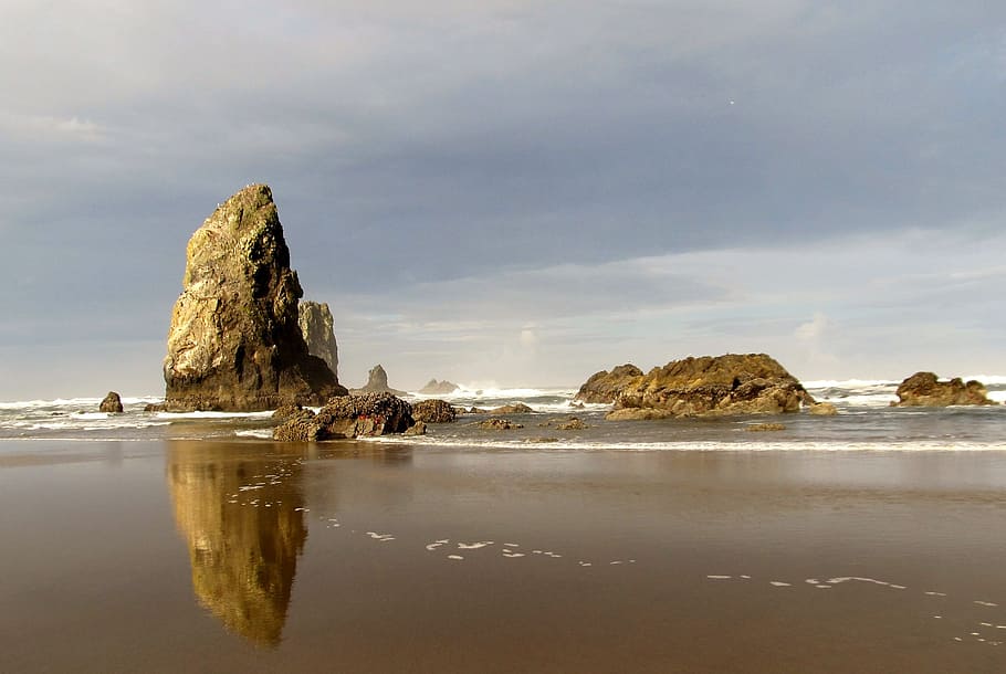 beach, sea stack, rock, water, seashore, nature, sky, reflection HD wallpaper