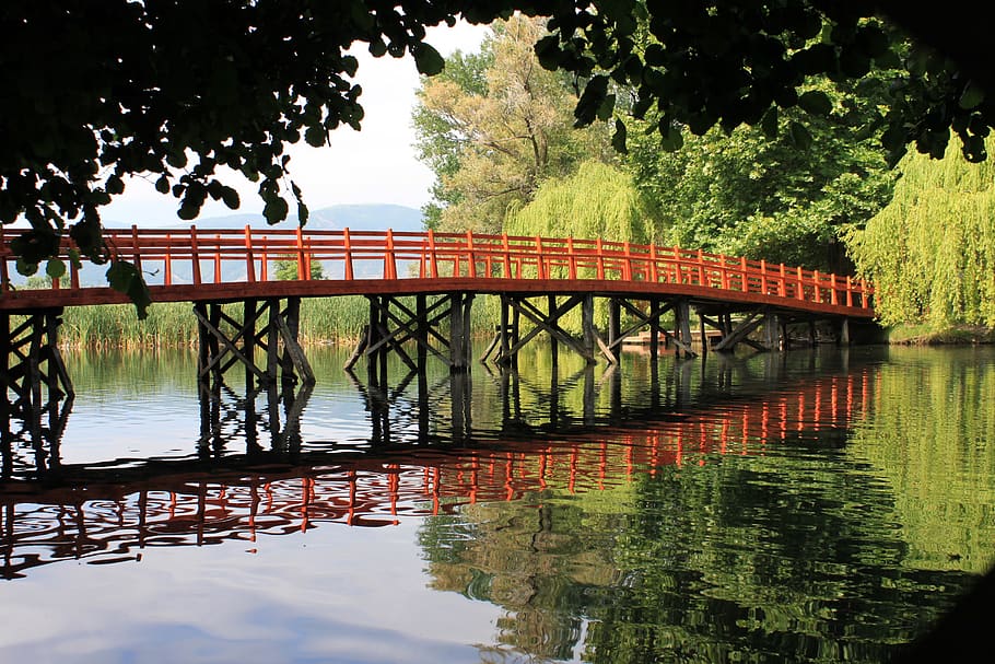 water, bridge, outdoors, reflection, wood, lake, park, albania, HD wallpaper