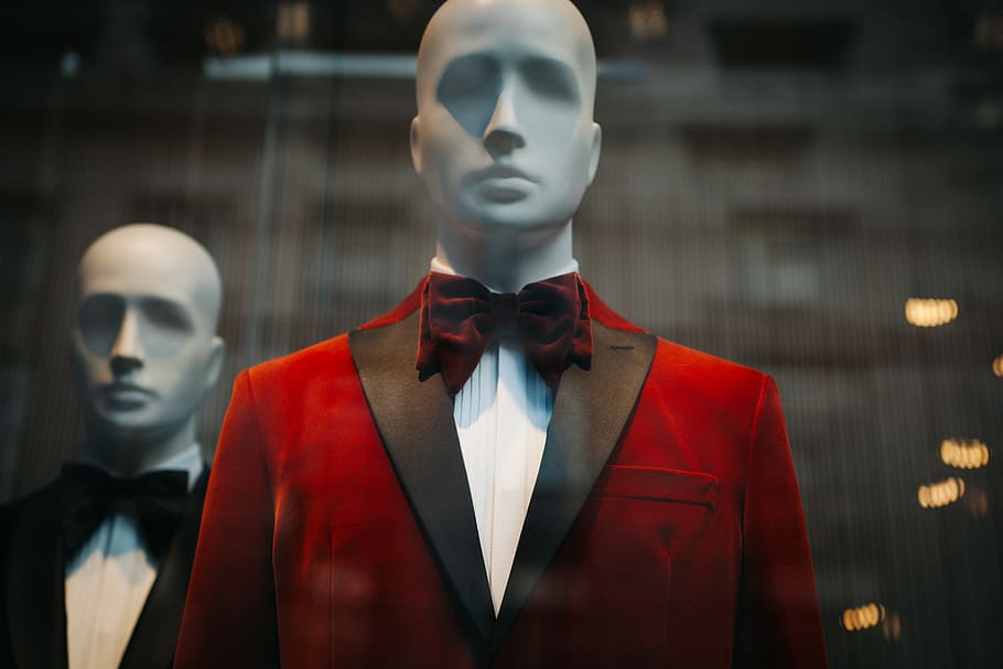 male mannequin in red and black suit jacket, tie, clothing HD wallpaper