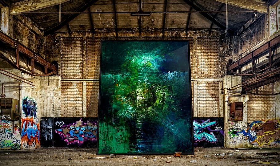 several paintings leaning on rusted building, prototype, genesis HD wallpaper