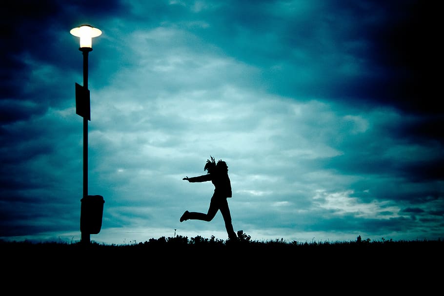 clouds, dark, one, person, silhouette, sky, street light, cloud - sky HD wallpaper