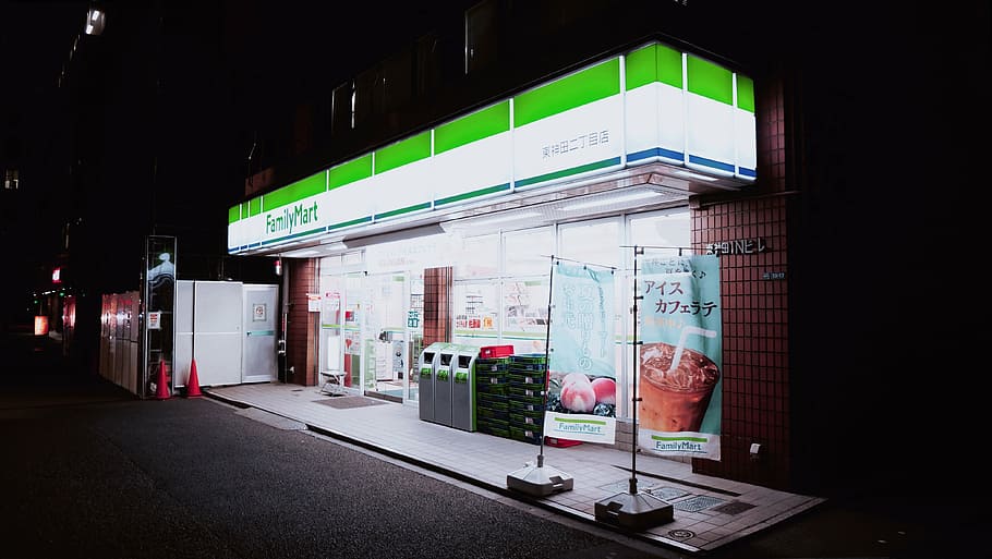 white and green store building, dark, night, convenience, shop HD wallpaper