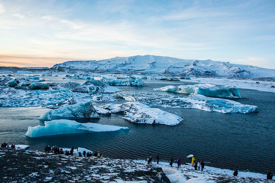 aerial view of body of water, bird's eye view of glaciers under clear sky HD wallpaper