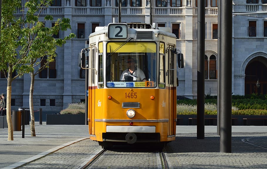 portrait photography of yellow train, budapest, tram, hungary HD wallpaper